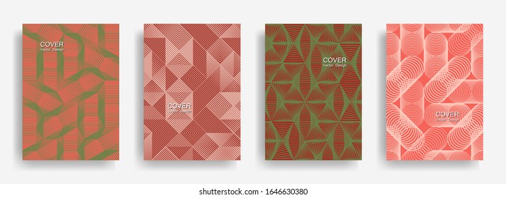 Tech  halftone shapes minimal geometric cover templates set graphic design. Halftone lines grid vector background of triangle, hexagon, rhombus, circle shapes. Future geometric cover backgrounds.