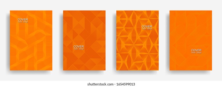 Tech  halftone shapes minimal geometric cover templates collection design. Halftone lines grid vector background of triangle, hexagon, rhombus, circle shapes. Business geometric cover backgrounds.
