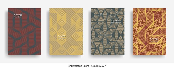Tech  halftone shapes minimal geometric cover templates set graphic design. Halftone lines grid vector background of triangle, hexagon, rhombus, circle shapes. Classical geometric cover backgrounds.