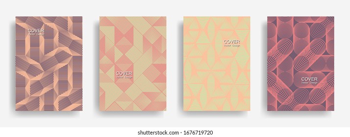 Tech  halftone shapes minimal geometric cover templates collection design. Halftone lines grid vector background of triangle, hexagon, rhombus, circle shapes. Classical geometric cover backgrounds.