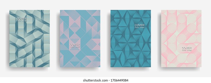 Tech  halftone shapes minimal geometric cover templates collection design. Halftone lines grid vector background of triangle, hexagon, rhombus, circle shapes. Simple geometric cover backgrounds.
