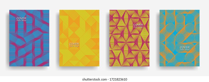 Diseño de colección de plantillas de portadas geométricas mínimas de formas de medio tono. Fondo vectorial de líneas de semitonos de triángulo, hexágono, rhombus, formas de círculo. Concienciar fondos de cubierta geométrica.