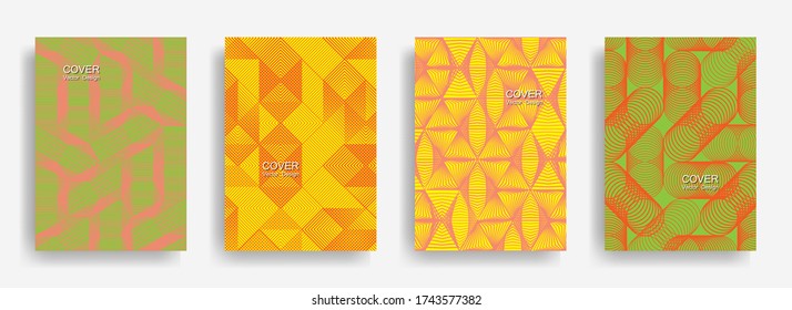 Tech  halftone shapes minimal geometric cover templates collection design. Halftone lines grid vector background of triangle, hexagon, rhombus, circle shapes. Laconic geometric cover backgrounds.