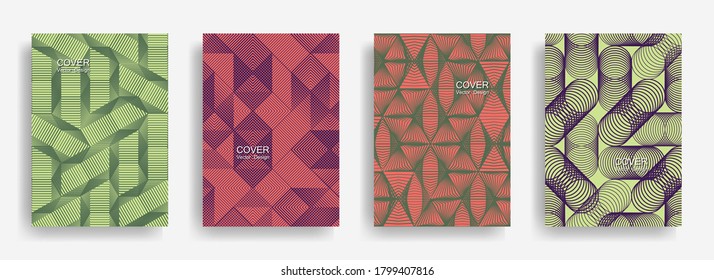 Tech  halftone shapes minimal geometric cover templates set graphic design. Halftone lines grid vector background of triangle, hexagon, rhombus, circle shapes. Business geometric cover backgrounds.
