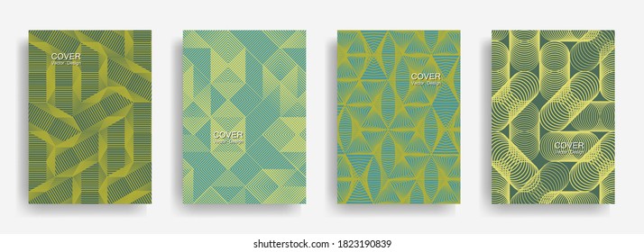Tech  halftone shapes minimal geometric cover templates collection design. Halftone lines grid vector background of triangle, hexagon, rhombus, circle shapes. Classical geometric cover backgrounds.