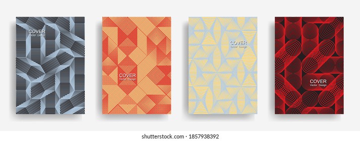 Tech  Halftone Shapes Minimal Geometric Cover Templates Set Graphic Design. Halftone Lines Grid Vector Background Of Triangle, Hexagon, Rhombus, Circle Shapes. Classical Geometric Cover Backgrounds.