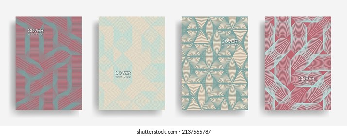 Tech  halftone shapes minimal geometric cover templates collection design. Halftone lines grid vector background of triangle, hexagon, rhombus, circle shapes. Concise geometric cover backgrounds.