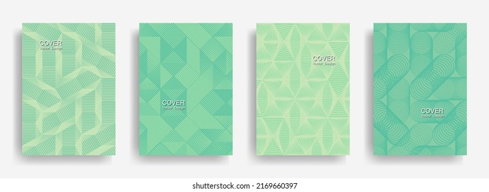 Tech  halftone shapes minimal geometric cover templates collection design. Halftone lines grid vector background of triangle, hexagon, rhombus, circle shapes. Future geometric cover backgrounds.