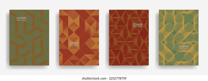 Tech  halftone shapes minimal geometric cover templates collection design. Halftone lines grid vector background of triangle, hexagon, rhombus, circle shapes. Laconic geometric cover backgrounds.