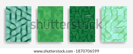 Tech  halftone shapes minimal geometric cover templates collection design. Halftone lines grid vector background of triangle, hexagon, rhombus, circle shapes. Laconic geometric cover backgrounds.