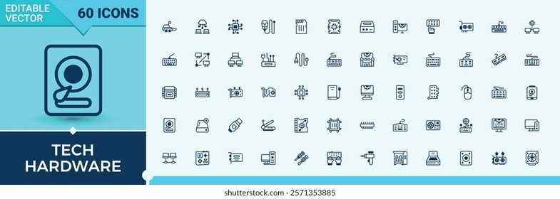 Tech Hardware icon set. Related to display, security, internet, cd, chip, cpu, gadget, smartphone. Set of line pictogram. Outline and solid pictogram.