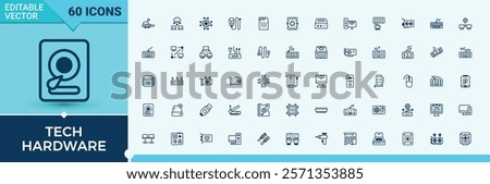 Tech Hardware icon set. Related to display, security, internet, cd, chip, cpu, gadget, smartphone. Set of line pictogram. Outline and solid pictogram.