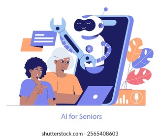 Tech Help Across Generations concept. Elderly and young person engage with AI assistant on device, reflecting intergenerational tech support. Vector illustration.