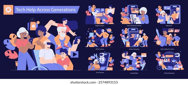 Tech Help Across Generations set. Youngsters guiding seniors in digital literacy, from VR to online security. Inclusive tech education and elder empowerment. Vector illustration.