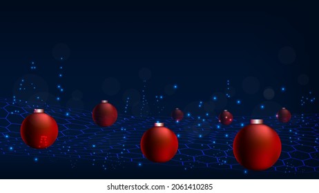 tech hexagonal mesh in blue. new year red balls on the grid. new year banner of discounts. xmas