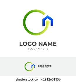 logotipo, casa y tecnología de la casa de tecnología, logotipo combinado con estilo de color azul y verde 3d