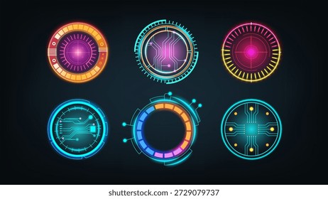 Tech HUD dashboard. Interface colorful display. Futuristic cyber round panel. Glowing data circle elements. Circuit AI network. Cyber frames collection. Digital control screen. Vector UI graphic set