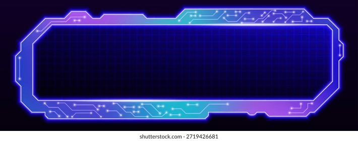 Cuadrícula Tech HUD con elemento de interfaz de usuario futurista. Ciberpantalla digital con borde de tecnología de neón degradado púrpura azul. Panel de juego de ciencia ficción y caja de holograma - diseño cyberpunk para visualización de datos.
