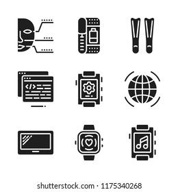 tech icon. 9 tech vector icons set. biometric identification, smartwatch and html icons for web and design about tech theme
