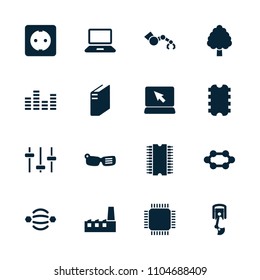 Tech icon. collection of 16 tech filled icons such as laptop, equalizer, plug socket, robot arm, cpu, cpu, smart glasses. editable tech icons for web and mobile.