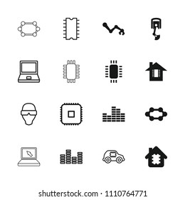 Tech icon. collection of 16 tech filled and outline icons such as robot arm, cpu in house, cpu, laptop, man in smart glasses. editable tech icons for web and mobile.