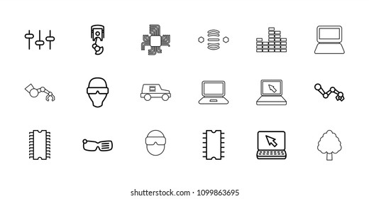Tech icon. collection of 18 tech outline icons such as laptop, robot arm, man in smart glasses, smart glasses, equalizer, cpu. editable tech icons for web and mobile.