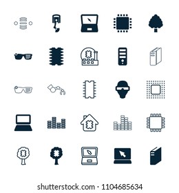 Tech icon. collection of 25 tech filled and outline icons such as cpu, laptop, cpu, robot arm, man in smart glasses, equalizer, chip. editable tech icons for web and mobile.