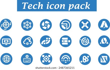 Tech Icon pack- 18 icons of technology- fully editable- icons in round form 
