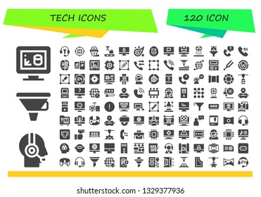 tech icon set. 120 filled tech icons.  Simple modern icons about  - 3d print, Customer service, Funnel, Customer support, Earth grid, 3d printing, Mechanical arm, Computer, Pattern