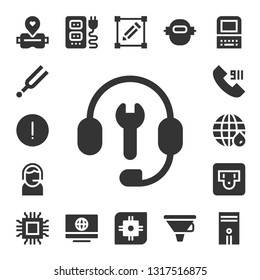 tech icon set. 17 filled tech icons.  Simple modern icons about  - Virtual reality, Tuning, Advise, Customer support, Support, Call, Earth grid, Socket, Microchip, Computer, Transform
