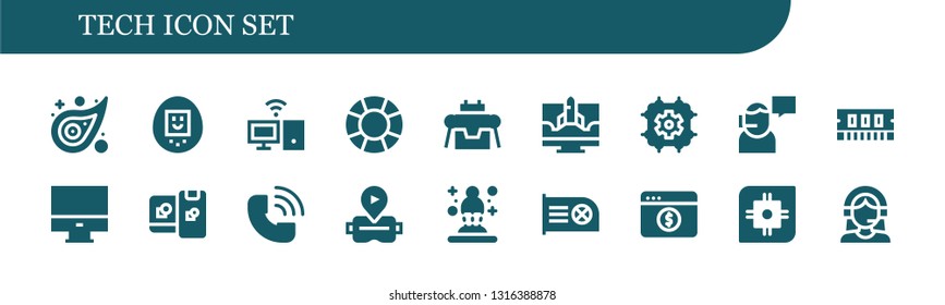 tech icon set. 18 filled tech icons.  Collection Of - Pattern, Tamagotchi, Personal computer, Support, Robot, Computer, Cpu, Ram, Computing, Call, Virtual reality, Hologram, Customer support