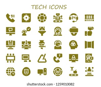  tech icon set. 30 filled tech icons. Simple modern icons about  - Call, Cpu, Support, Robot, Ram, Computer, Customer service, Funnel, Customer support, Vr glasses, Technology