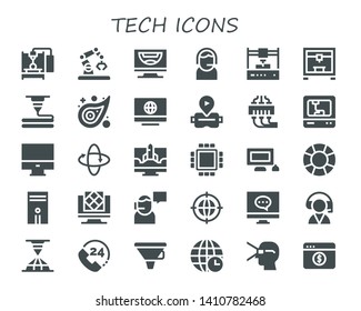 tech icon set. 30 filled tech icons.  Simple modern icons about  - 3d printer, Robot, Computer, Support, Pattern, Virtual reality, 3d printing, 360 , Cpu, Personal computer, Artificial intelligence
