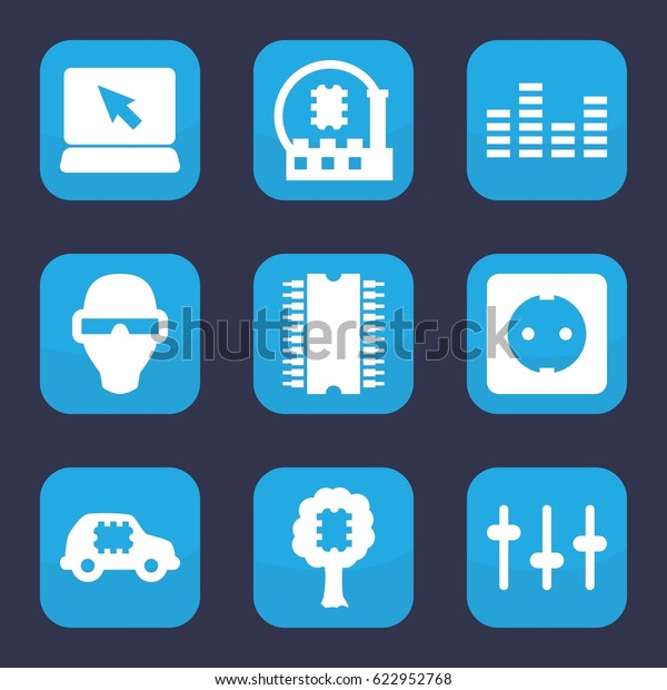 Tech\
icon. set of 9 filled tech icons such as equalizer, plug socket,\
CPU in car, CPU in tree, CPU, man in smart\
glasses