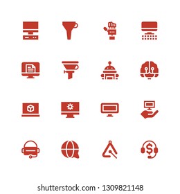 tech icon set. Collection of 16 filled tech icons included Telemarketing, Triangle, Customer service, Virtual reality, Computer, d printing software, Artificial intelligence, Robot