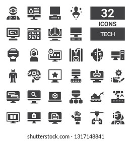 tech icon set. Collection of 32 filled tech icons included Cyborg, d printer, Technology, Computer, Robotic arm, Robot, d printing software, Artificial intelligence, Customer service