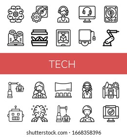 tech icon set. Collection of Artificial intelligence, Online support, Hard disk, Artificial light, Support, d printing, Industrial robot, Robot, Customer service agent, AI icons
