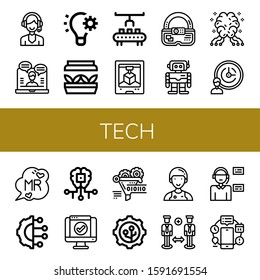 tech icon set. Collection of Support, Online support, Automation, Artificial light, Robot arm, d printing, Ar, Robotics, AI, Support services, Mr, Artificial intelligence icons