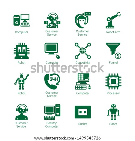 tech icons. Editable 16 tech icons. Included icons such as Computer, Customer service, Robot arm, Robot, Conectivity, Funnel, Processor, Desktop computer. tech trendy icons for web.