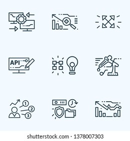 Tech icons line style set with reverse engineering, forecasting model, user predictions and other storage elements. Isolated vector illustration tech icons.