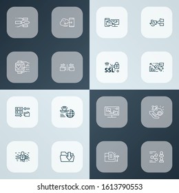 Tech icons line style set with synching with mobile, network, encryption and other networking elements. Isolated vector illustration tech icons.