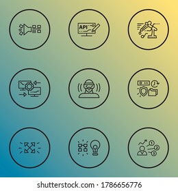 Tech icons line style set with virtual reality headset, data filtering, data insight and other vr spectacles elements. Isolated vector illustration tech icons.