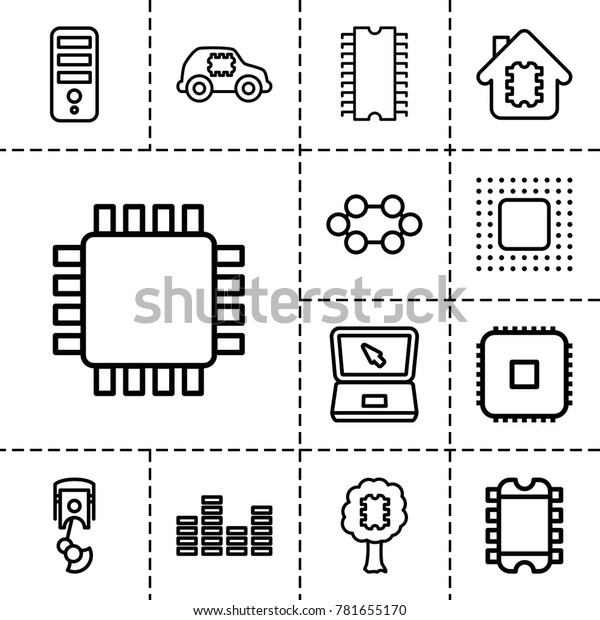 Tech icons. set of 13\
editable outline tech icons such as cpu, cpu in house, laptop,\
equalizer, chip