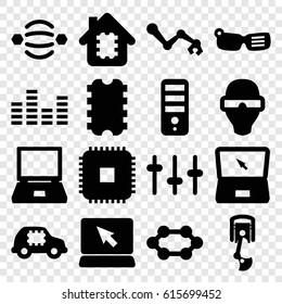 Tech icons set. set of 16 tech filled icons such as CPU, equalizer, laptop, robot arm, CPU in house, CPU in car, man in smart glasses, smart glasses