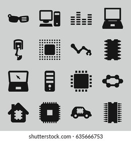 Tech icons set. set of 16 tech filled icons such as cpu, laptop, equalizer, cpu, chip, pc, robot arm