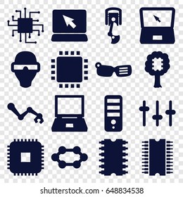 Tech icons set. set of 16 tech filled icons such as cpu, equalizer, laptop, cpu, robot arm, cpu in tree, man in smart glasses
