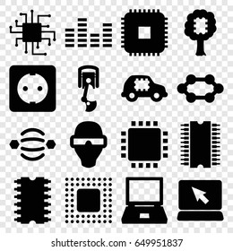 Tech icons set. set of 16 tech filled icons such as equalizer, cpu, chip, plug socket, robot arm, cpu, man in smart glasses, atom interaction