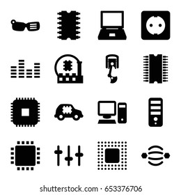 Tech icons set. set of 16 tech filled icons such as cpu, equalizer, cpu, chip, plug socket, pc, robot arm, cpu in car, smart glasses, atom interaction