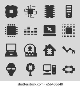 Tech icons set. set of 16 tech filled icons such as cpu, equalizer, cpu, chip, pc, robot arm, man in smart glasses