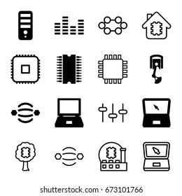 Tech icons set. set of 16 tech filled and outline icons such as cpu, laptop, equalizer, robot arm, cpu